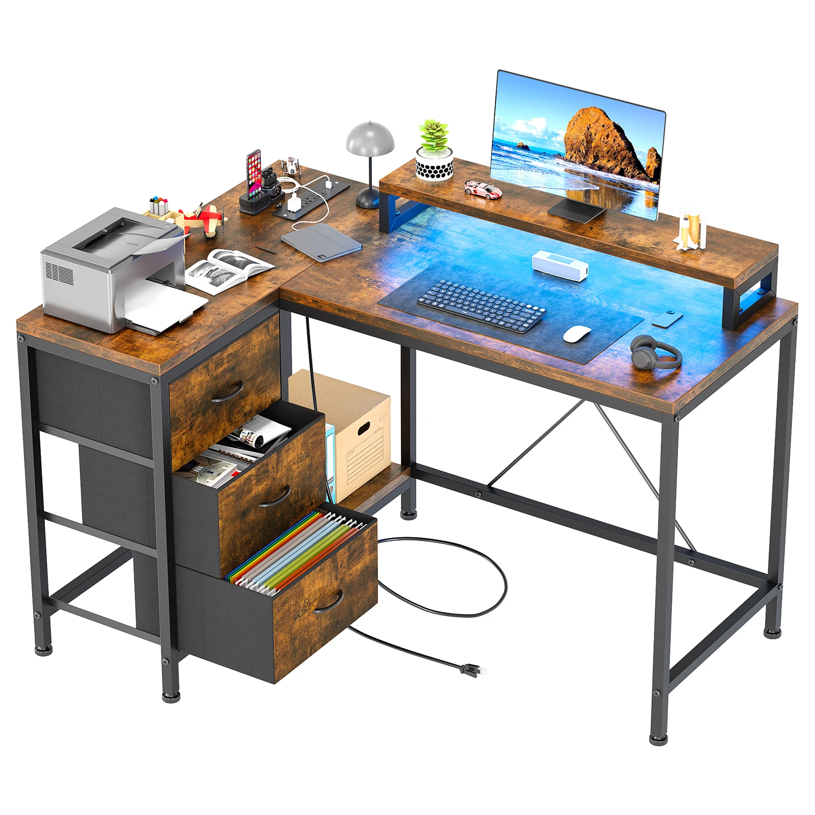 L Shaped Computer Desk with Power Outlets & LED Lights - 3 Drawers, Storage Shelves, Monitor Stand - Reversible Home Office Gaming Desk for Study or Work - Modern Corner Table