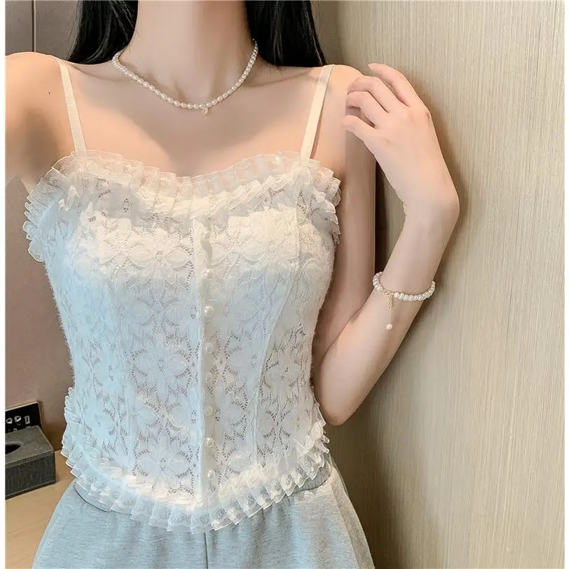 Sexy Lace Patterned Small Strap Vest Inner Wear Folded Pearl Wrap Chest Top Outer Wear Short Style Floral Pattern Single Button