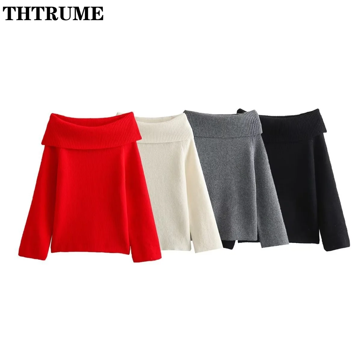 Autumn Winter Fashion Sweaters Elegant Solid Color Slash Neck Long Sleeve Slim Pullovers Tops Casual Holiday Off Shoulder Jumper