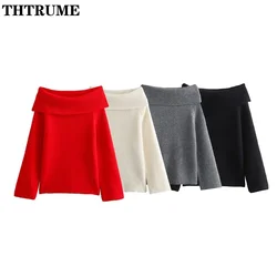 Autumn Winter Fashion Sweaters Elegant Solid Color Slash Neck Long Sleeve Slim Pullovers Tops Casual Holiday Off Shoulder Jumper