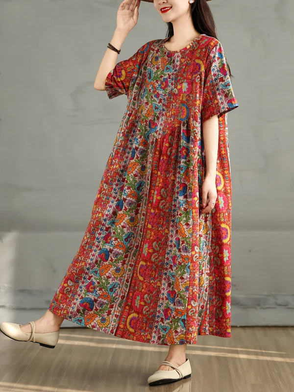 

Лето 2025: Новое винтажное хлопковое льняное свободное приталенное платье А-силуэта с круглым вырезом и коротким рукавом, с завышенной талией