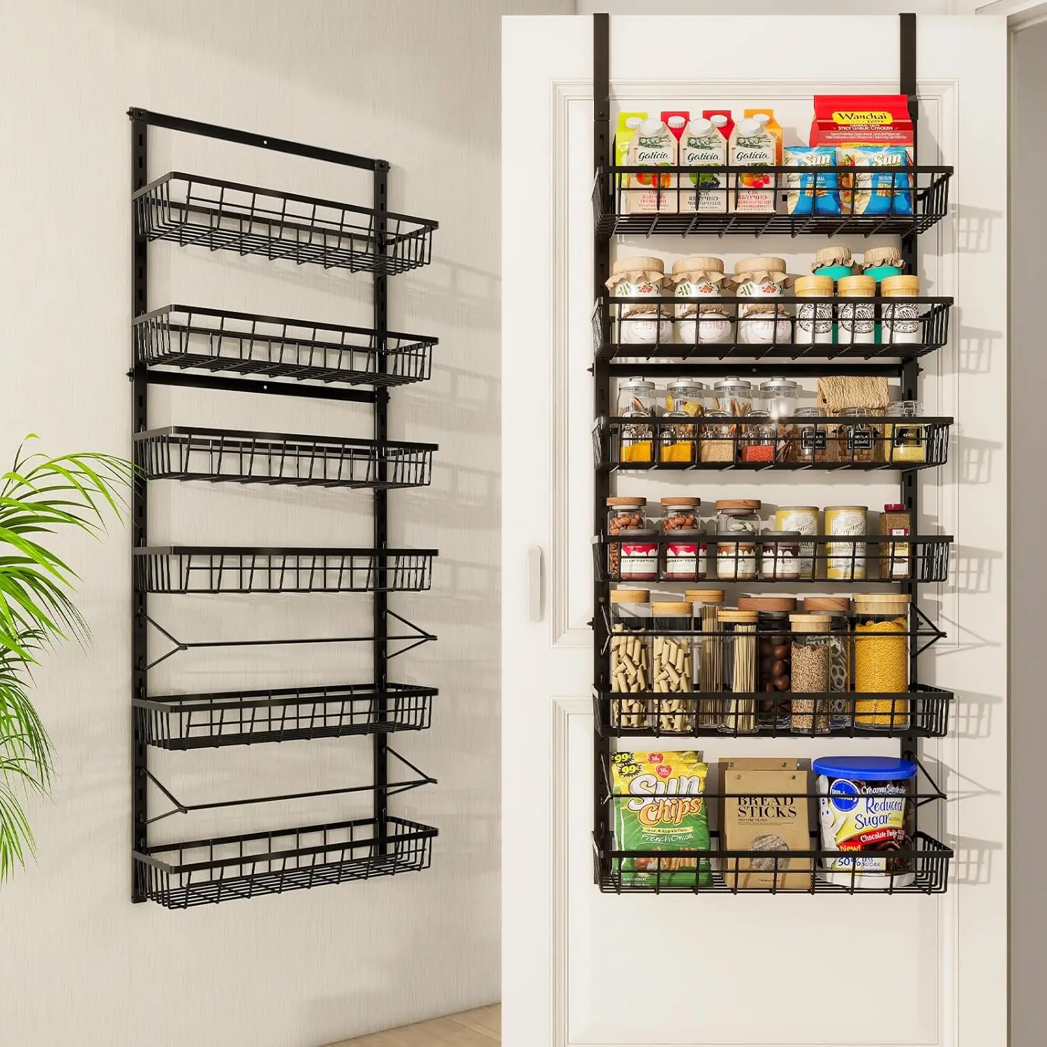 

6-Tier Adjustable Over-the-Door Pantry Organizer, Metal Wall Mount Spice Rack, Kitchen Storage Baskets - Black
