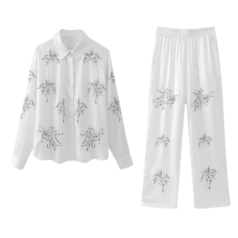 

Spring 2024 Women's Loose Beaded Embroidery irt High Waist Pants Faion Set Ele Sle Casual Comfortable Fit