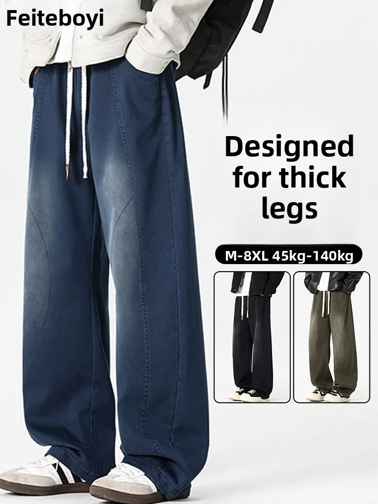 

Men's Straight Leg Fce Lined Denim Jeans Winter Warm Waed Wide Leg Pants Loose plus Size Casual Long Trousers