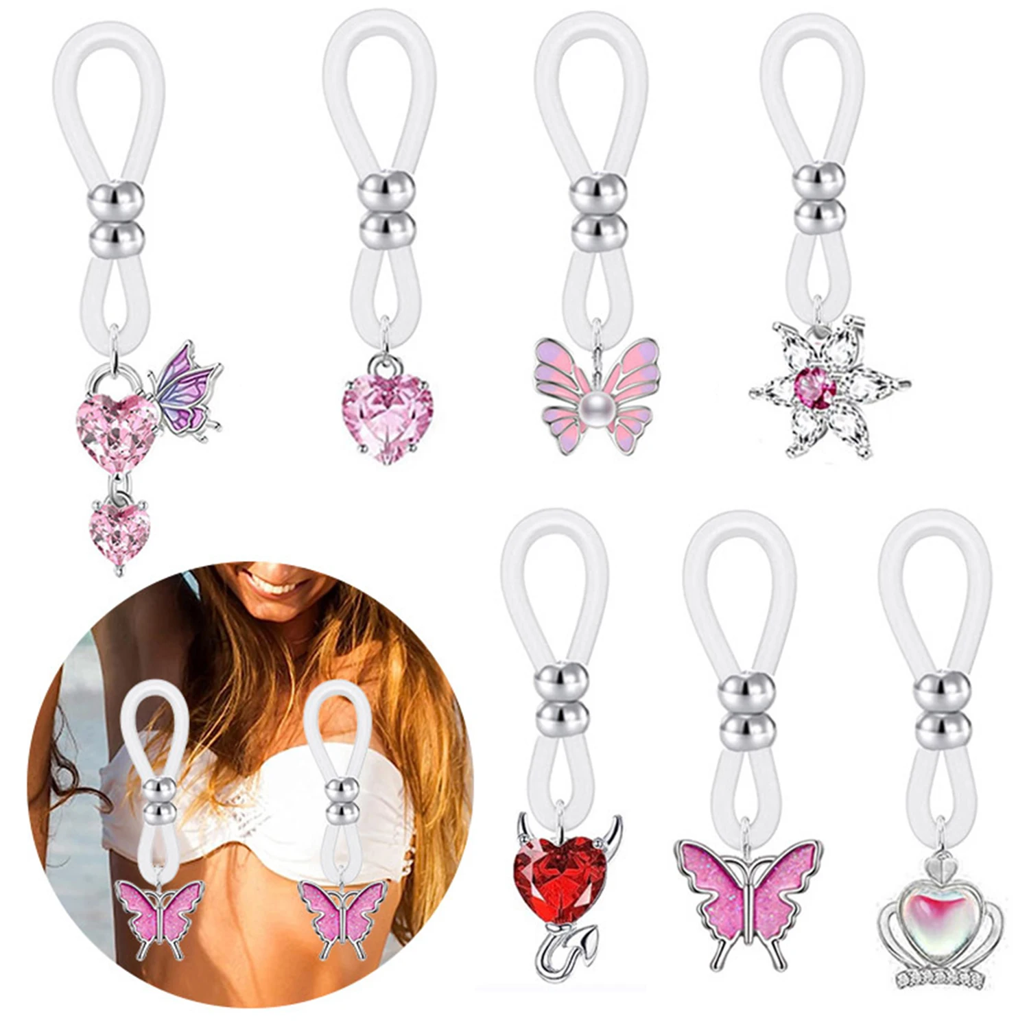 

Alloy Silicone Butterfly Heart Flower Sexy Nipple Ring Zirconia Fake Nipple Piercing Hoops Faux Piercings Body Jewelry For Women