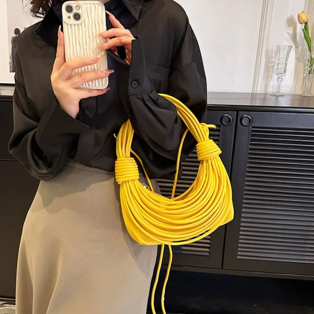 Cool Half-Moon Bag Handwoven Noodle Bag PU Rope Knotted INS Shoulder Bag Portable Korean Style Fashion Underarm Bag Outdoor