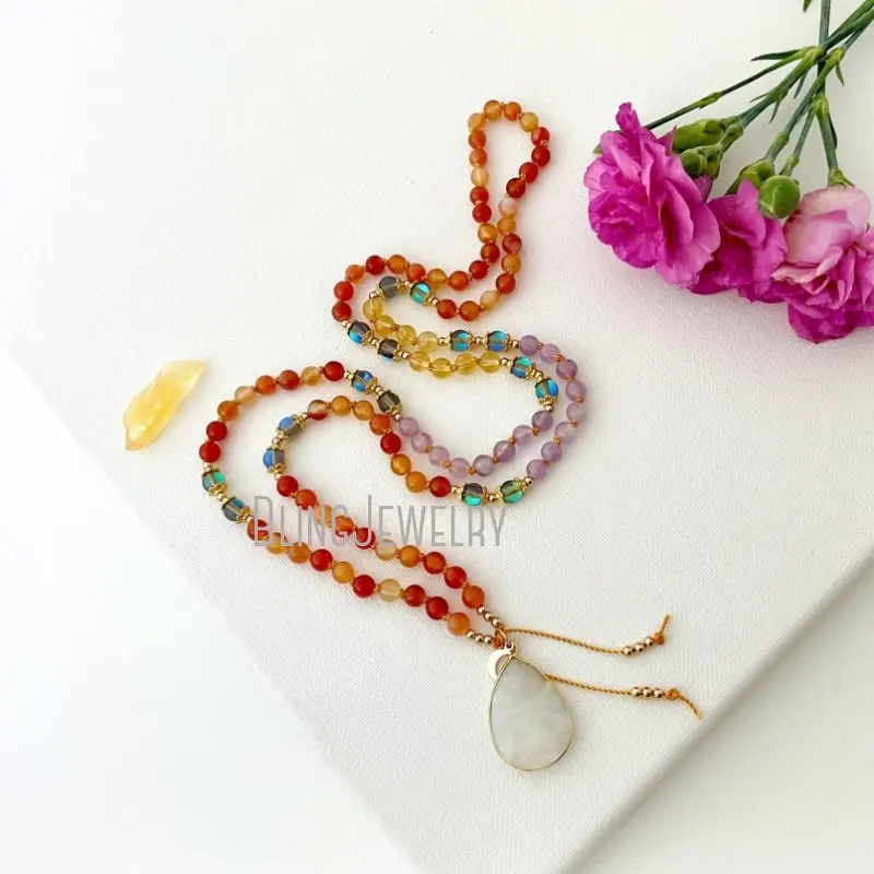 NM43560 Goddess Mala Necklace With Carnelian Citrine Amethyst  Beads Yoga Gift For Her 108 Prayer 