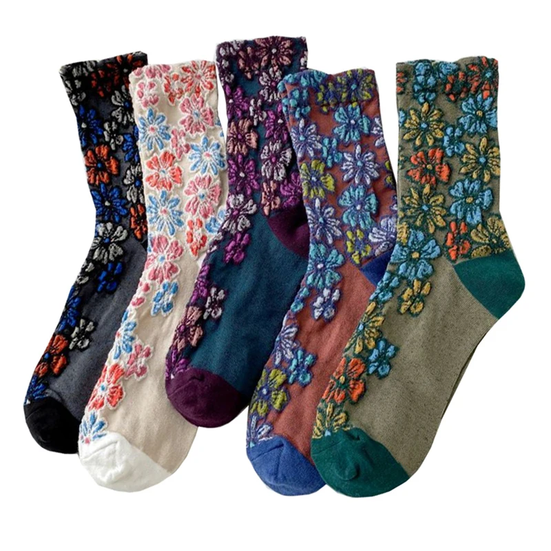 Retro Socks For Women Autumn Winter New Fashion Casual Novelty Crew Flower Socks Cotton Breathable Short Socks National Style