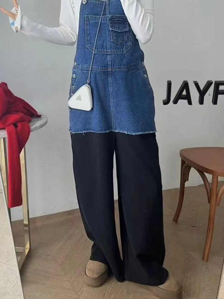 Salopette en Denim couleur Blo pour femmes, pantalon ample à jambes droites, pantalon Long bleu sur le côté, en coton, décontracté