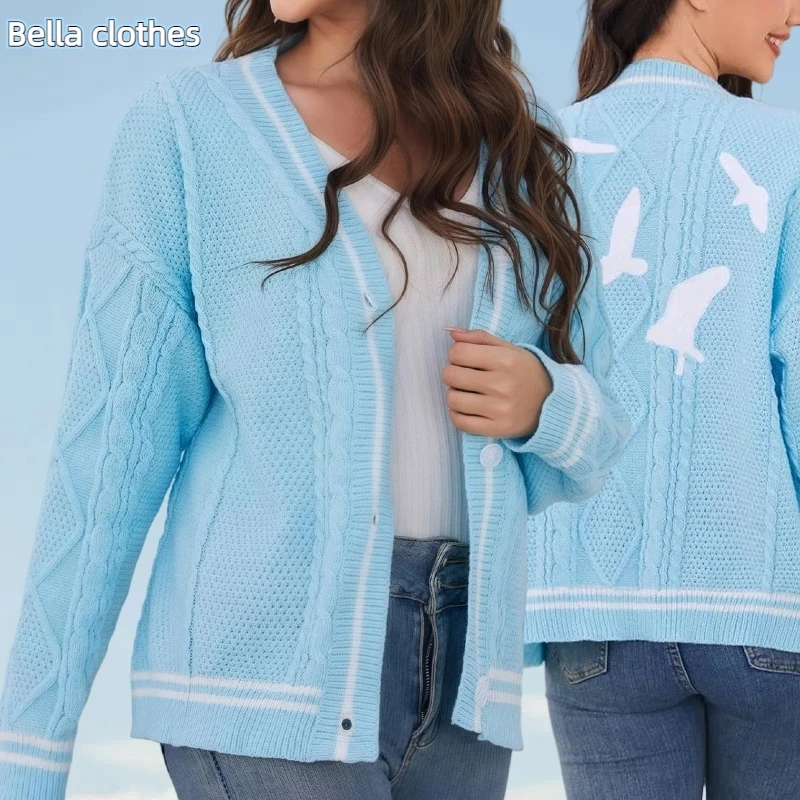 2025 Women 1989 Seagull Embroidery Oversized High Quality Loose Cardigans Autumn Y2k Knitted Bird Blue Cardigan Women Sweaters