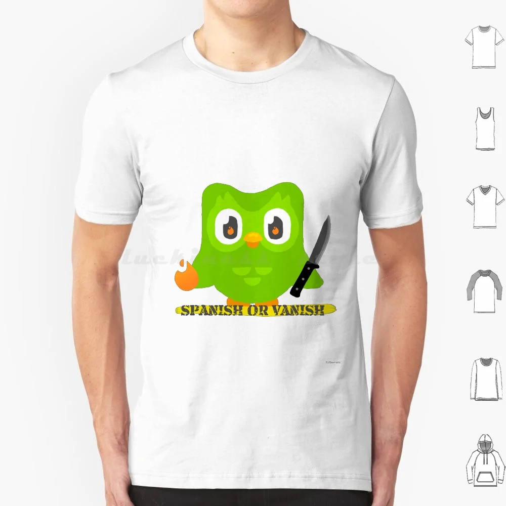 Duolingo Spanish Or Vanish T Shirt Uomo Donna Bambini 6Xl Duolingo Owl Duo Spanish Vanish Fire Duolingo Owl Violent Funny Comedy