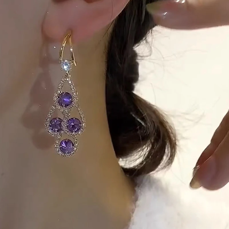 Vintage Elegant Purple Crystal Water Drop Long Tassel Earrings for Women Design Sparkling Prom Accessories Party Jewelry Gifts