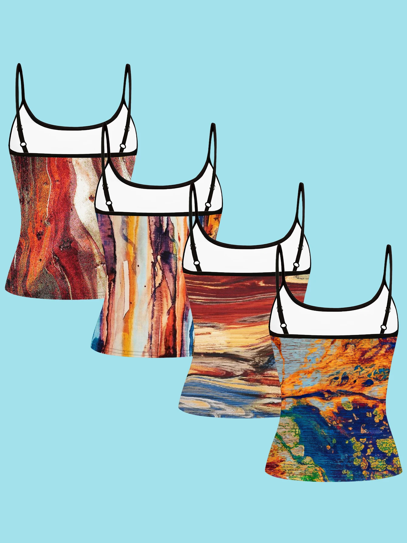 4-Piece Set of Women's Spaghetti Strap Camisoles with Abstract Lava Stone Pattern Print, Artistic and Unique Design, Slim Fit, Suitable for Layering or Wearing Alone