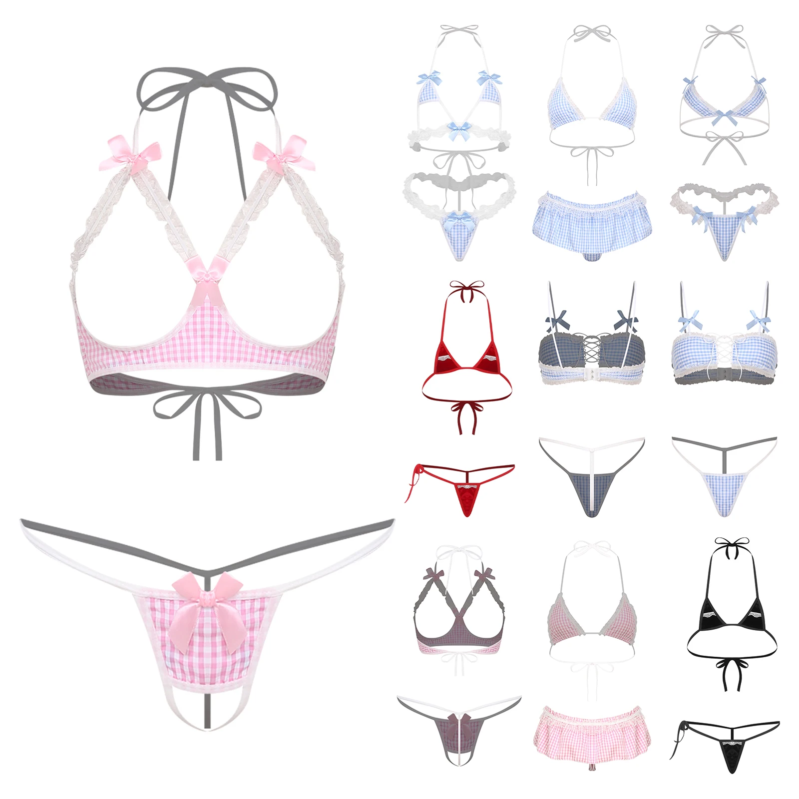 Womens Schoolgirl Maid Uniform Bikini Nightwear Halter Mini Bra Top with T-back Thong Micro Briefs Anime-style Lingerie Outfits - Image 6