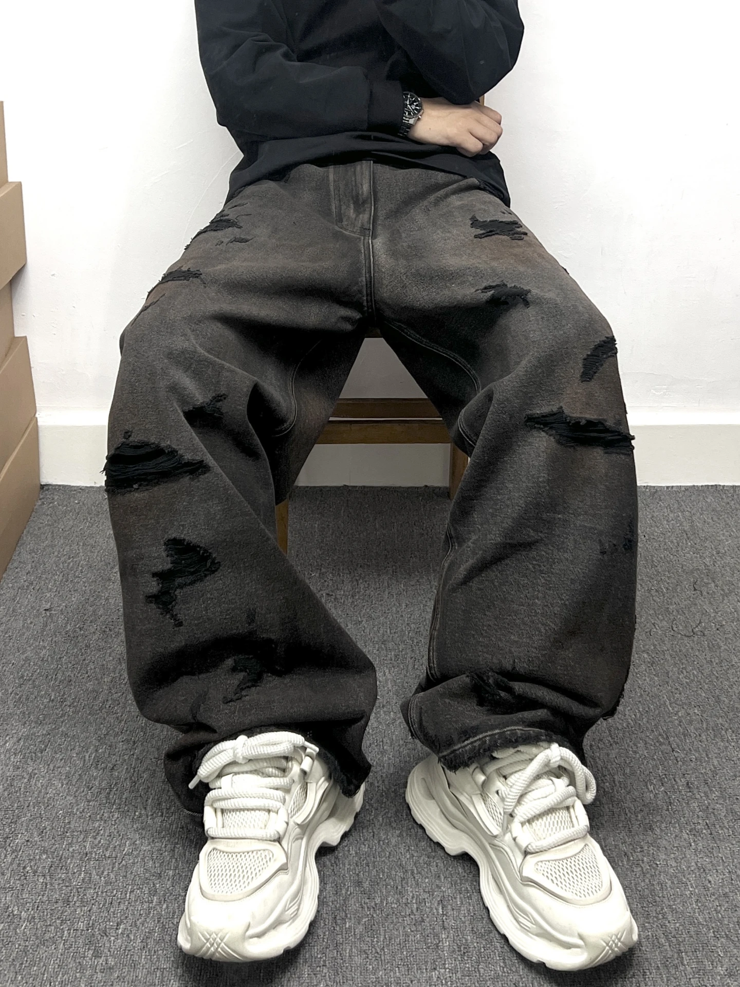 

Retro Waed Fake Hole Patchwork Men's Jeans Loose Straight Leg Long Trousers Casual Youth Sle Cotton Polyester Blend