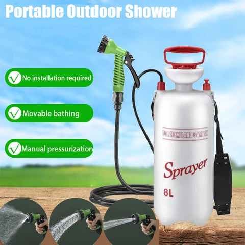 Chuveiro portátil de 4/8l para acampamento, chuveiro ao ar livre com mangueira de 3m para viagens, caminhadas, pulverizador multifuncional para irrigação, lavagem de carro
