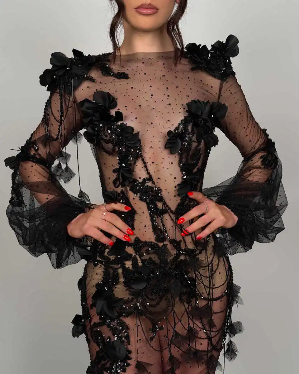 Maßgeschneiderte Ballkleider, schwarze Partykleider, formelle Meerjungfrau, 3D-Blumen, lange Ärmel, Perspektive, individuelles Abendkleid in Übergröße – Detail 3