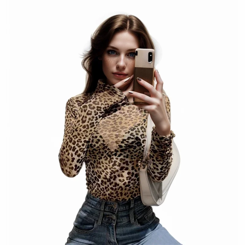 Women's Leopard Print Mock Neck Blouse Lady Fashion Long Sleeve Sexy Mesh Shirt Top