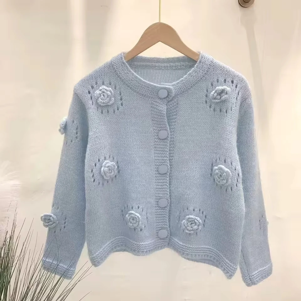 

Women Autumn Winter Rose Sweater Round Neck Knitted Button Sweater Cardigan Women'S Loose-Fit Casual Knitwear