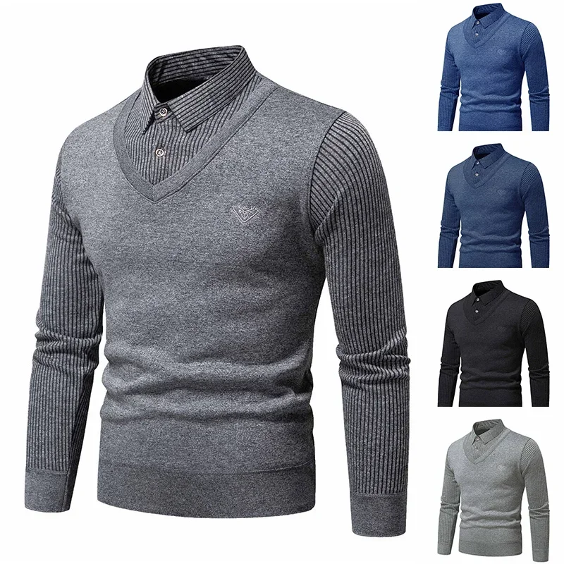 

Autumn and Winter Turtleneck Men's Fake Two Piece Sweater with Fleece and Slim Fit Polo Collar Knitted Bottom Shirt and Warm