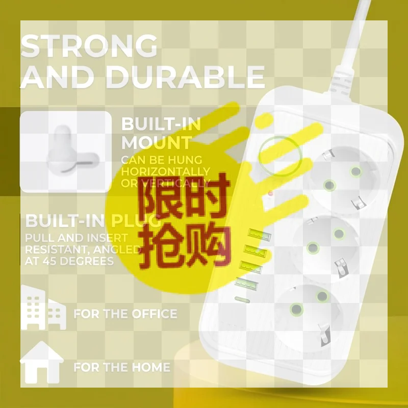 EU Plug Multiple Sockets AC Outlets Power Strip Extension Cable With USB Ports Surge Protector Network Filter Individual Switch