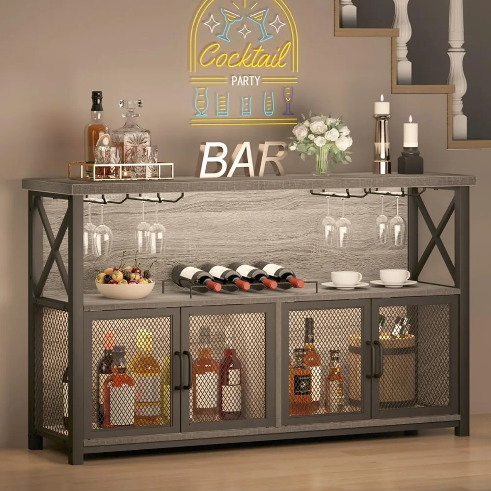 

Liquor Home/ Coffee Bar Cabinet, Industrial Farmhouse Modern Sideboard Buffet Cabinet for liquor and glasses with Wine Rack