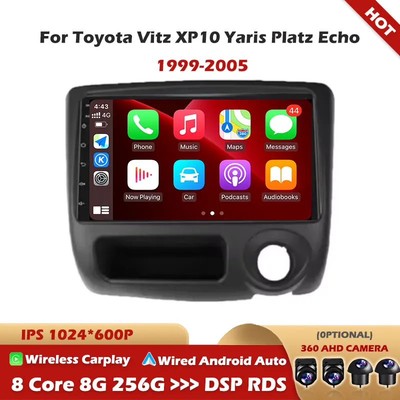 

Для Toyota Vitz XP10 Yaris Platz Echo 1999-2005: Автомагнитола Android 16 с мультимедиа, Carplay, GPS-навигацией и DSP