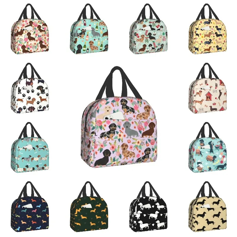 

Dachshund Flowers Insulated Lunch Bag Picnic Travel Wiener Sausage Dog Portable Thermal Cooler Bento Box Kids School Lunch Bags