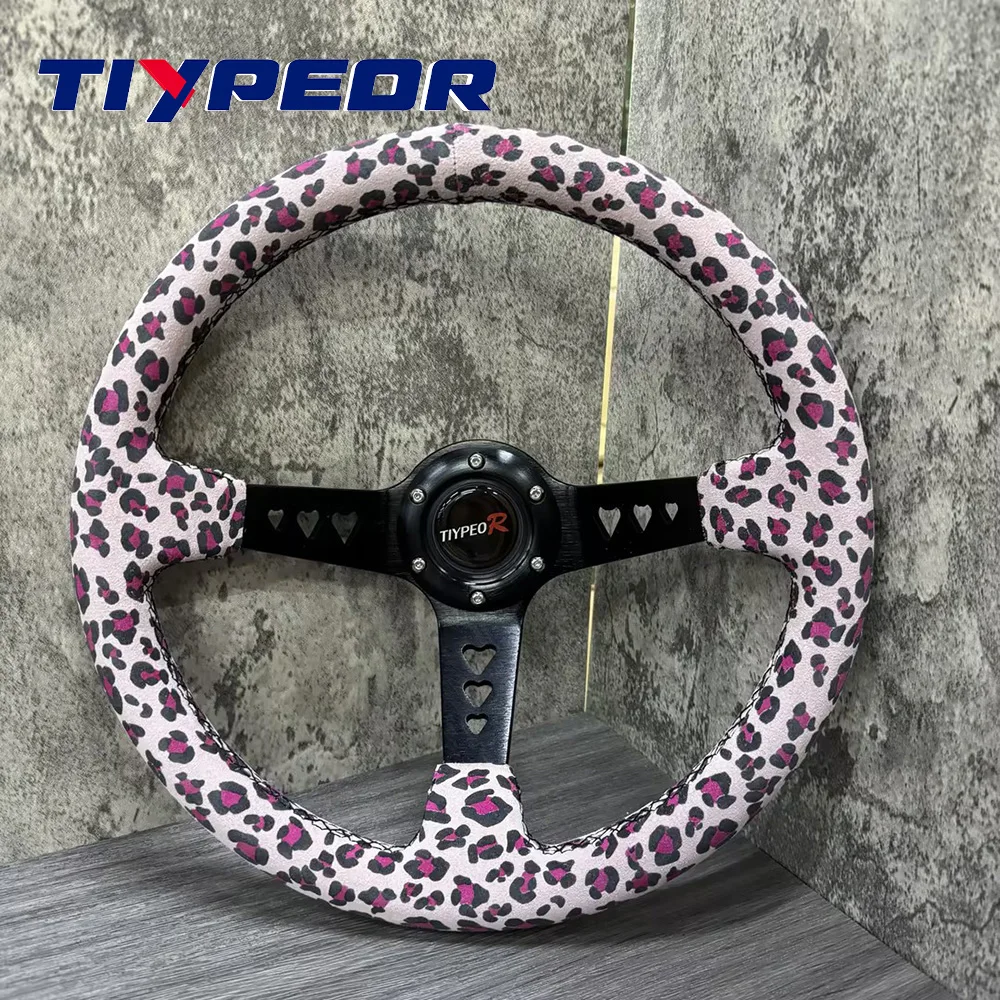 Pink Leopard Print Steering Wheel Suede Sports Love Shape Hole Bracket Modified Car Steering Wheel Deep Dish Steering Wheel