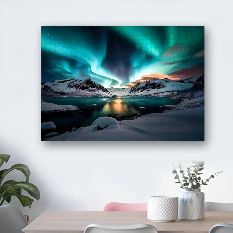 Rompecabezas Northern Lights Aurora Borealis de 1000 piezas para adultos - Escena nocturna de lago de montaña de invierno con verde vibrante y azul