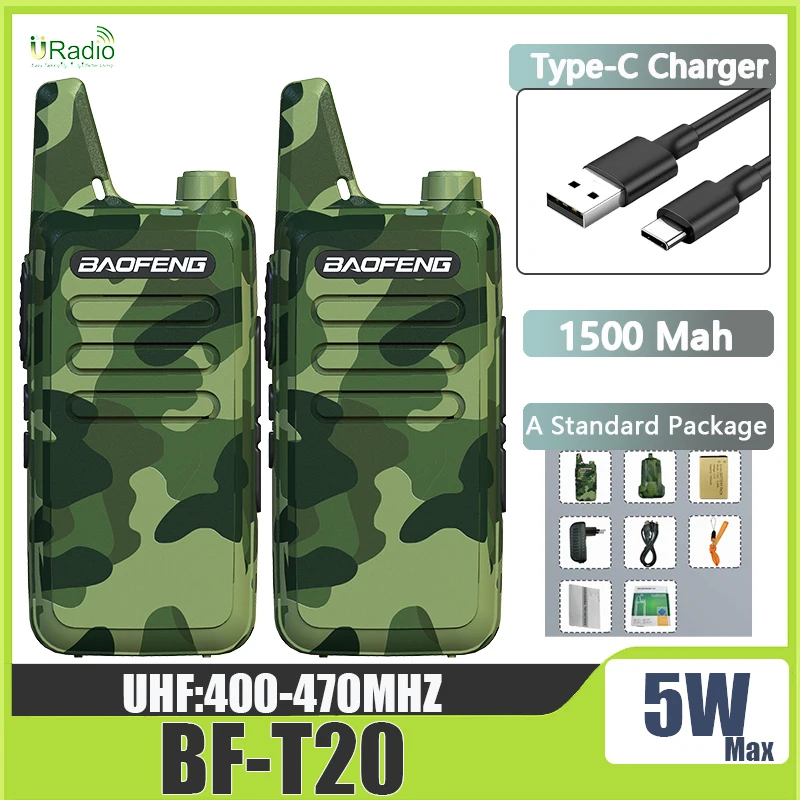 

Baofeng BF-T20 5W Portable Mini Walkie Talkie Type-C Charging 1PCS/2PCS Camo Two Way Radios Upgrade Of BF-C9 KD-C1 For Kid’s Toy