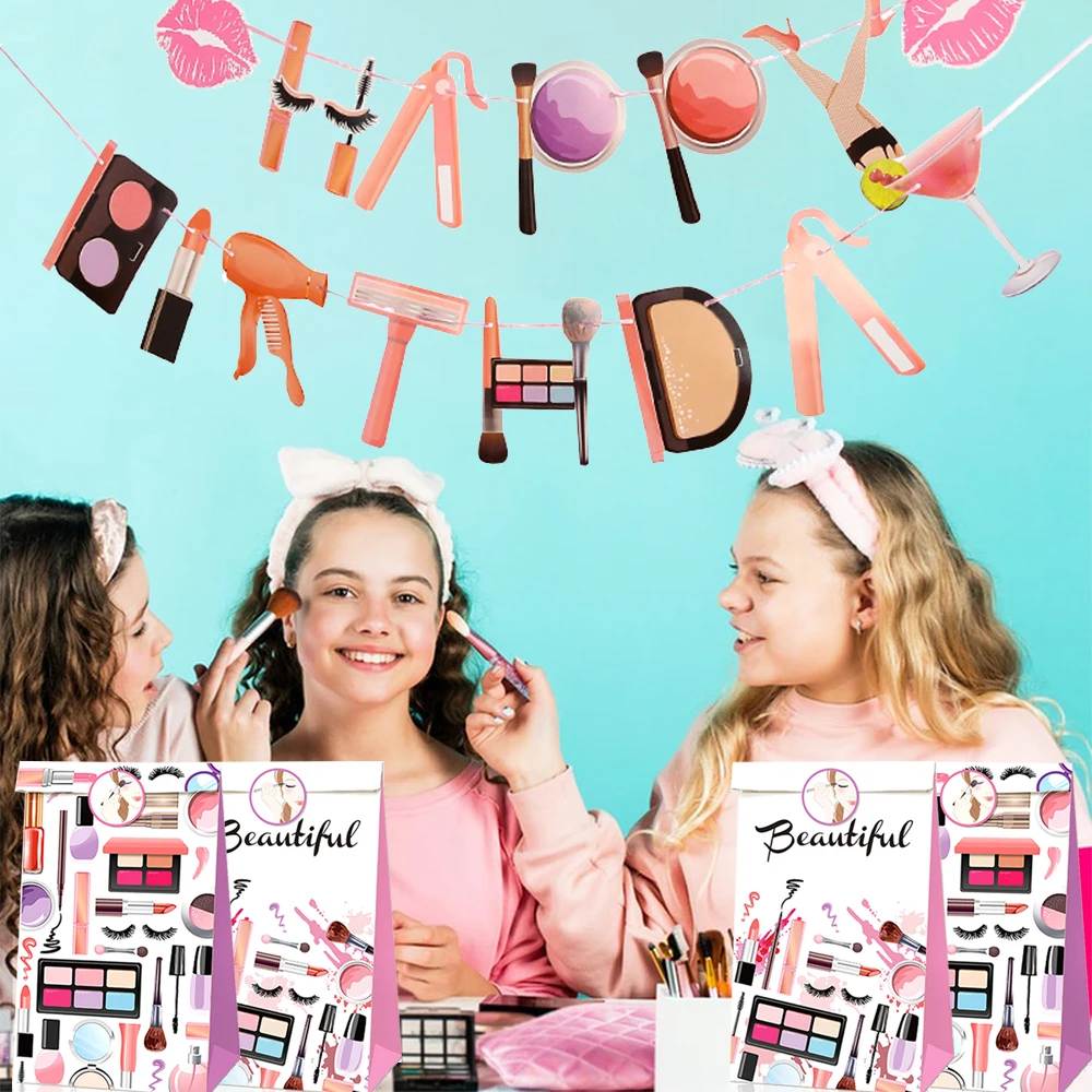 Spa Make Up Partyzubehör Kosmetik Alles Gute zum Geburtstag Banner Papier Goodie Bags mit Aufklebern Mädchen Frauen Geburtstag Party Dekoration – Detail 2