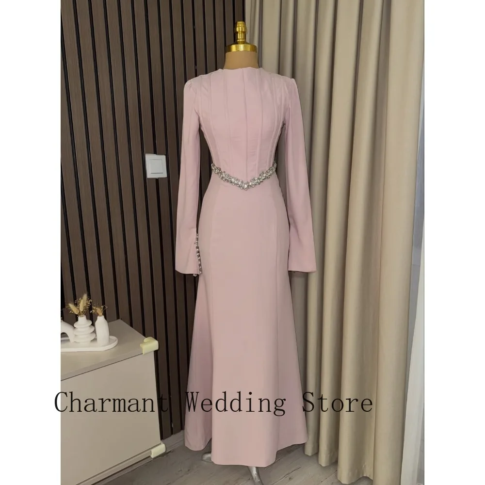 Pink Formal Modest Evening Gown with High Neck, Long Flare Sleeves Crystal Waist Embellishment and Mermaid Silhouette