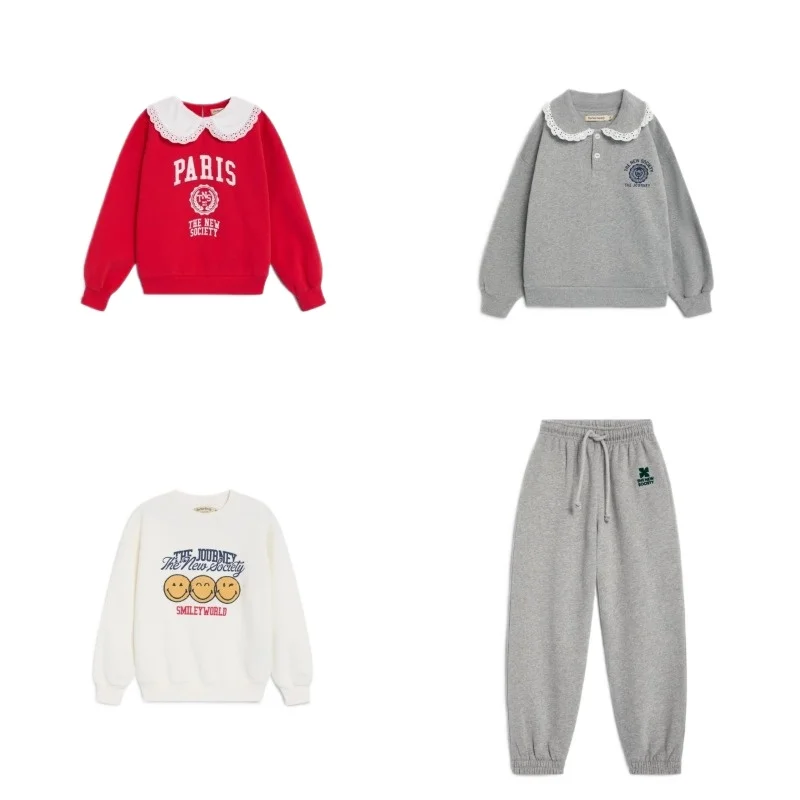 Winter Kids  Fleece Sweatshirt  Pullover Tops Girls Warm Sports Hoodie Girl Casual Lace Collar Hoodies Baby Grey Sweatpants Sets