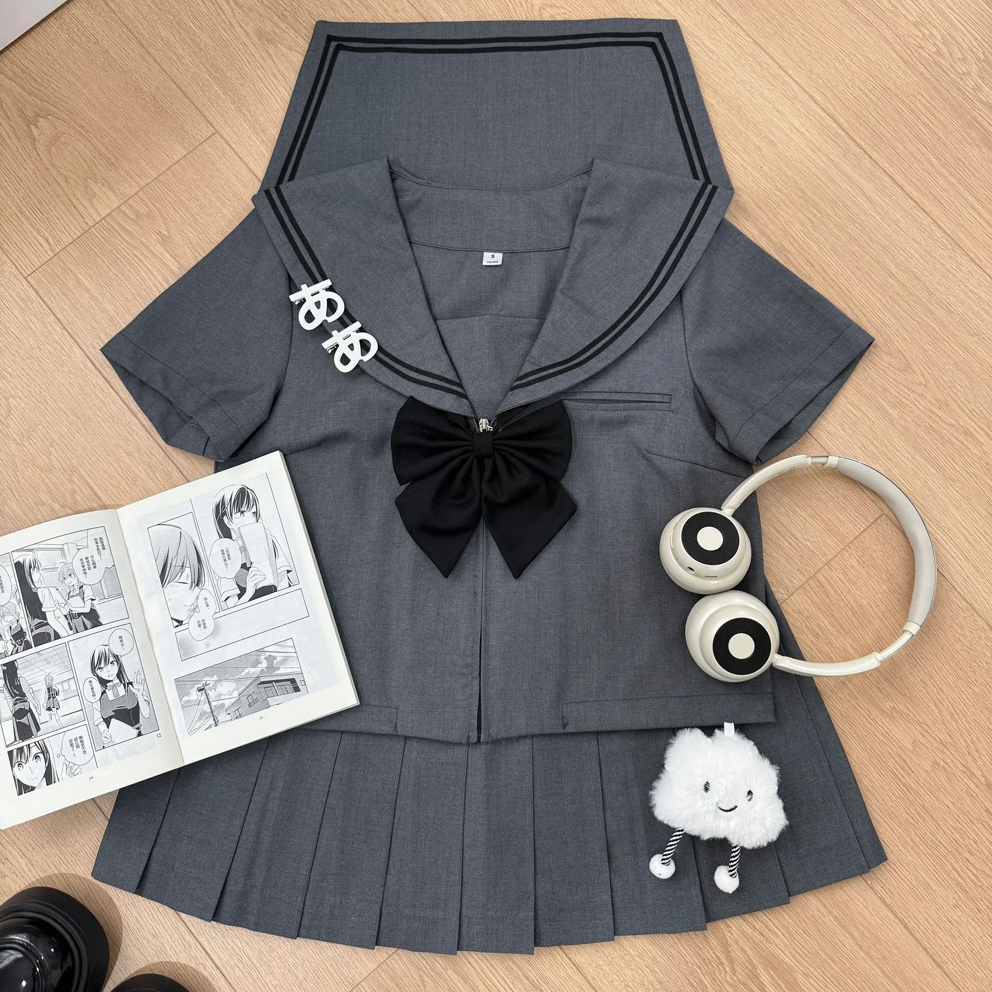 Basic Grey Sailor Suit Set, School Uniform, Preppy Style, Short-sleeved, Long-sleeved, and Short-skirted.