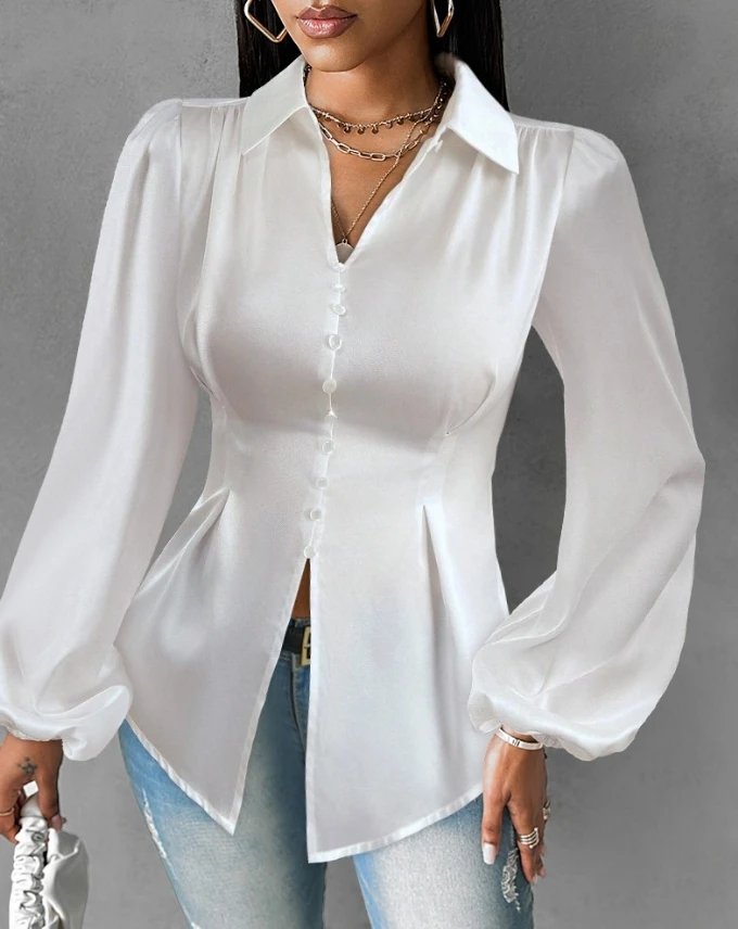 

Vintage Women Puff Sleeve Shirt 2024 Autumn Turn Down Collar White Tops Button Down Back Tied Detail Satin Office Lady Blouse