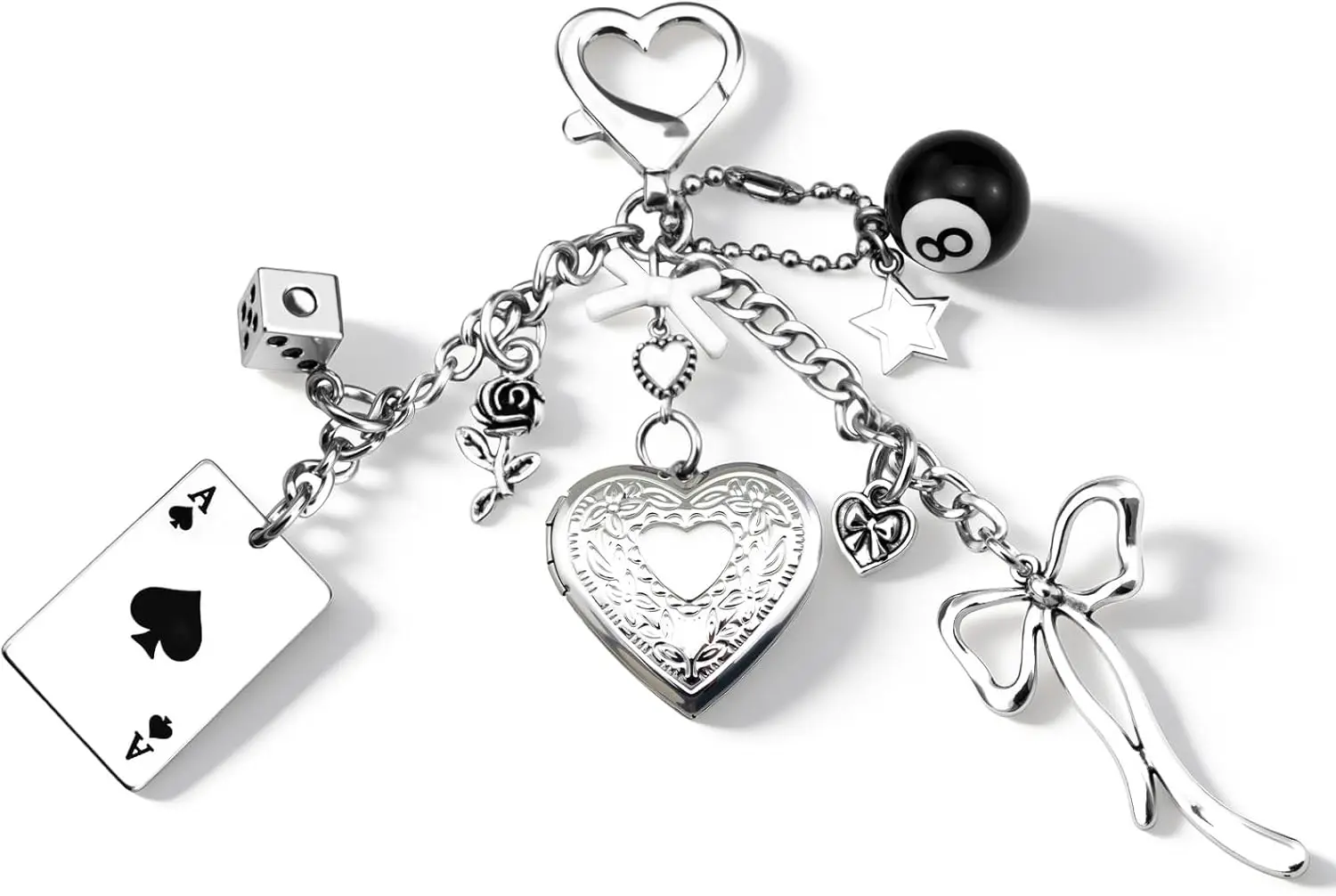 

Y2K Heart Locket Keychain Cute Kawaii Bow Dice Star Rose Ace Accessories for Women