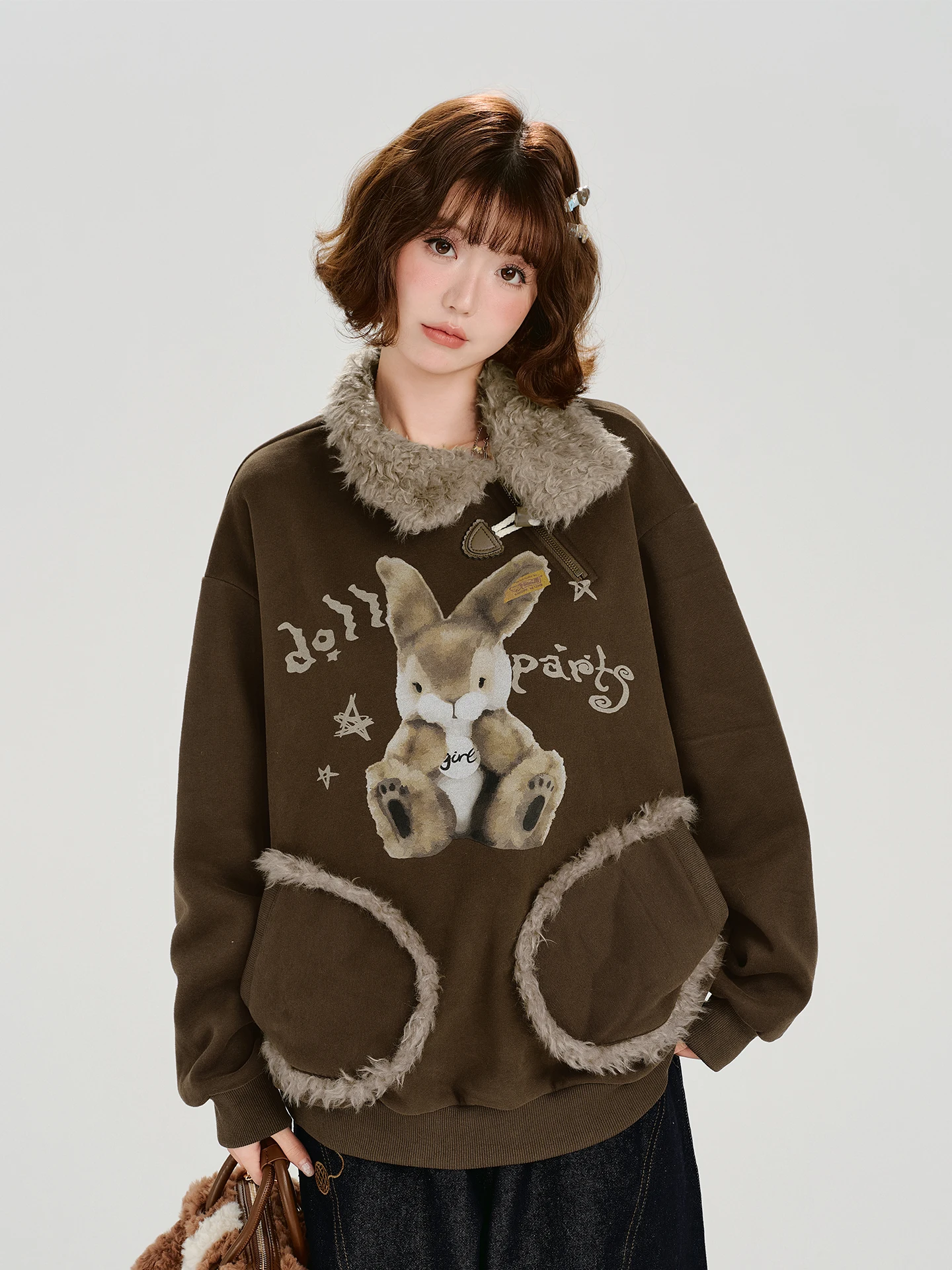 

Girly American Retro ket Design Printed Sweatirt Women's Autumn Winter New Fce Loose Top Casual Sle Long Sve...