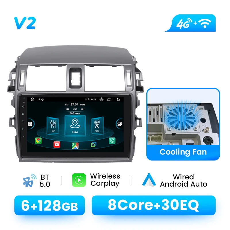 9 Inch Draadloze CarPlay Android 14 Autoradio Voor Toyota Corolla E140 E150 2006-2013 Android Auto IPS multimedia GPS 4G Wifi DSP