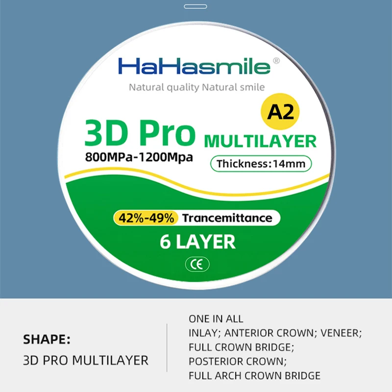 3D PRO A2 98mm wielowarstwowe bloki cyrkonowe przezroczyste 42%-49% 6-warstwowy pusty system otwierania cyrkonu dla laboratorium dentystycznego