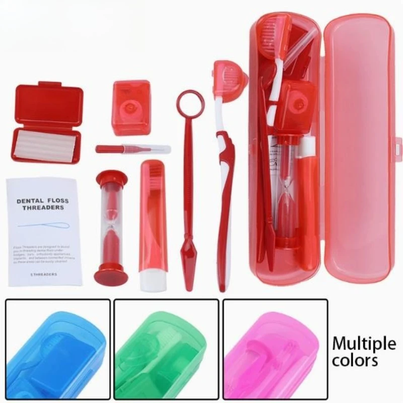 

Набор для ухода за полостью рта в дорожном футляре, 7×8 шт./компл.: зубная щетка, защитный воск, зубная нить, зеркало для осмотра полости рта, межзубные щетки