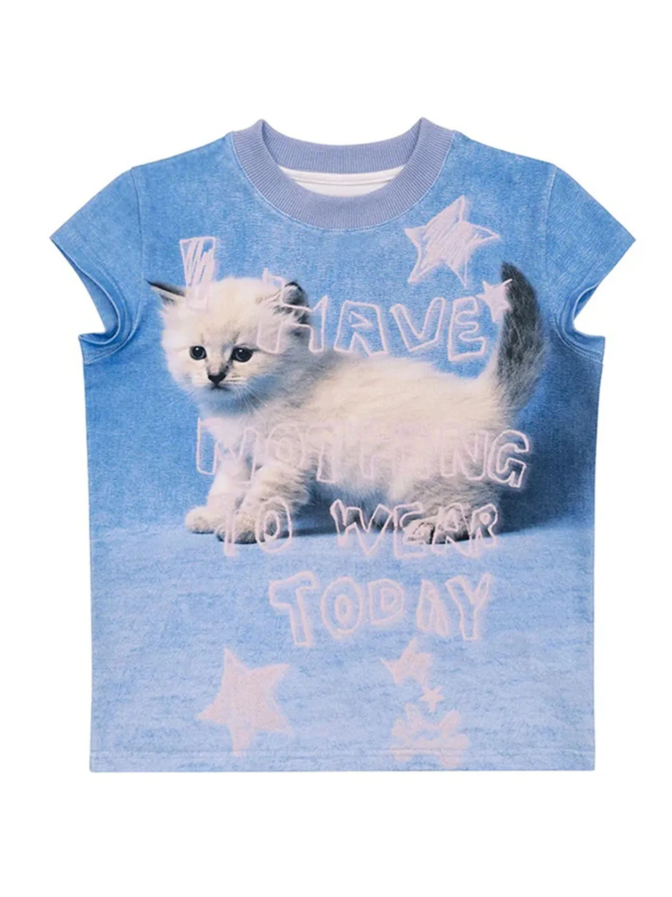 Verano personalidad tendencia Joker cuello redondo Tops americano Casual Retro lindo estampado de gatito Linda chica Casual estilo perezoso Camiseta de manga corta