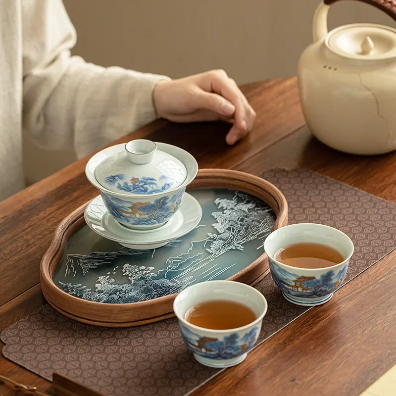 Jingdezhen Blue White Landscape National Trend Handmade Ceramic Tea Set Sancai Bowl Tea Cup Tea Tray Household Kung Fu Tea Set