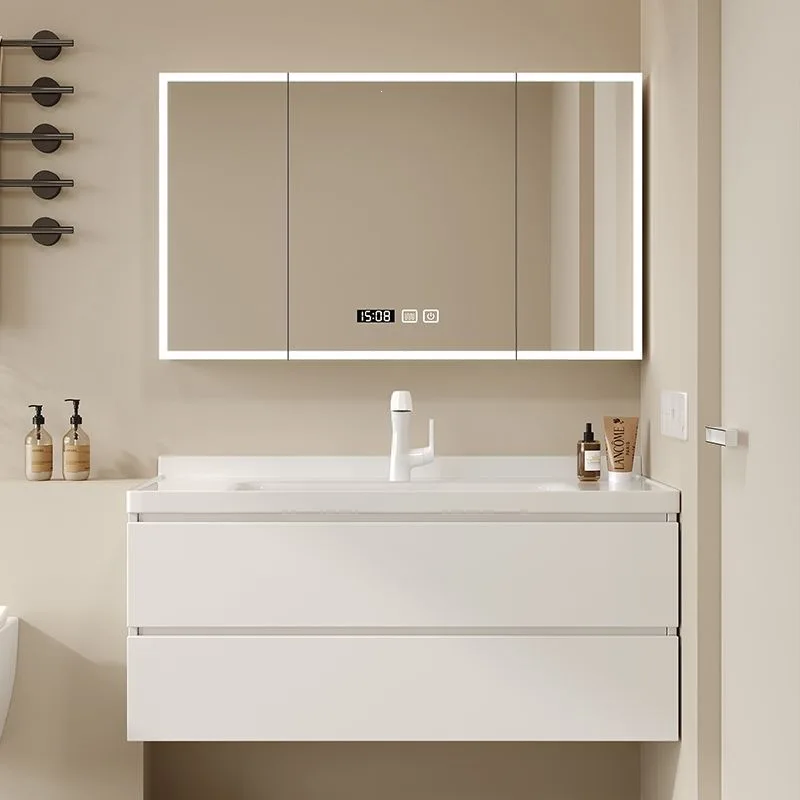 Simple cream wind bathroom cabinet side storage ceramic integrated basin smart mirror cabinet washstand face