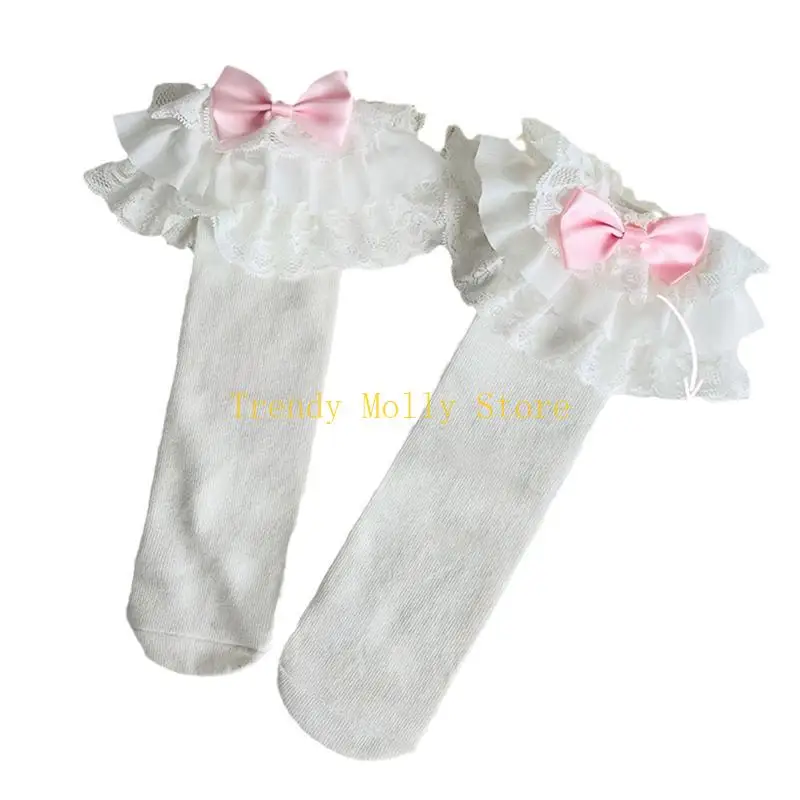 N5kb enfants bébé filles gothiques genoue hautes chaussettes vintage multi-couches en dentelle à volants doux bonbons