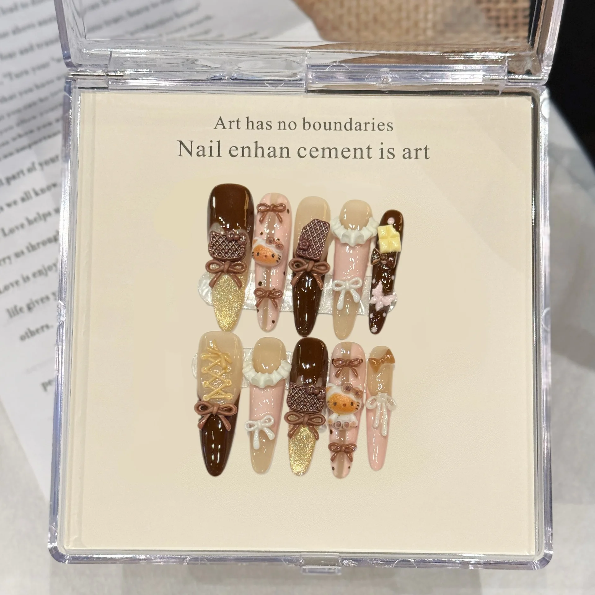 10PCS Cute Cat Eye Press On Nails Autumn Ballet Pink Brown Sweet Handmade With 4-PIECE Tools  Super-Strong Nail Adhesive Tabs