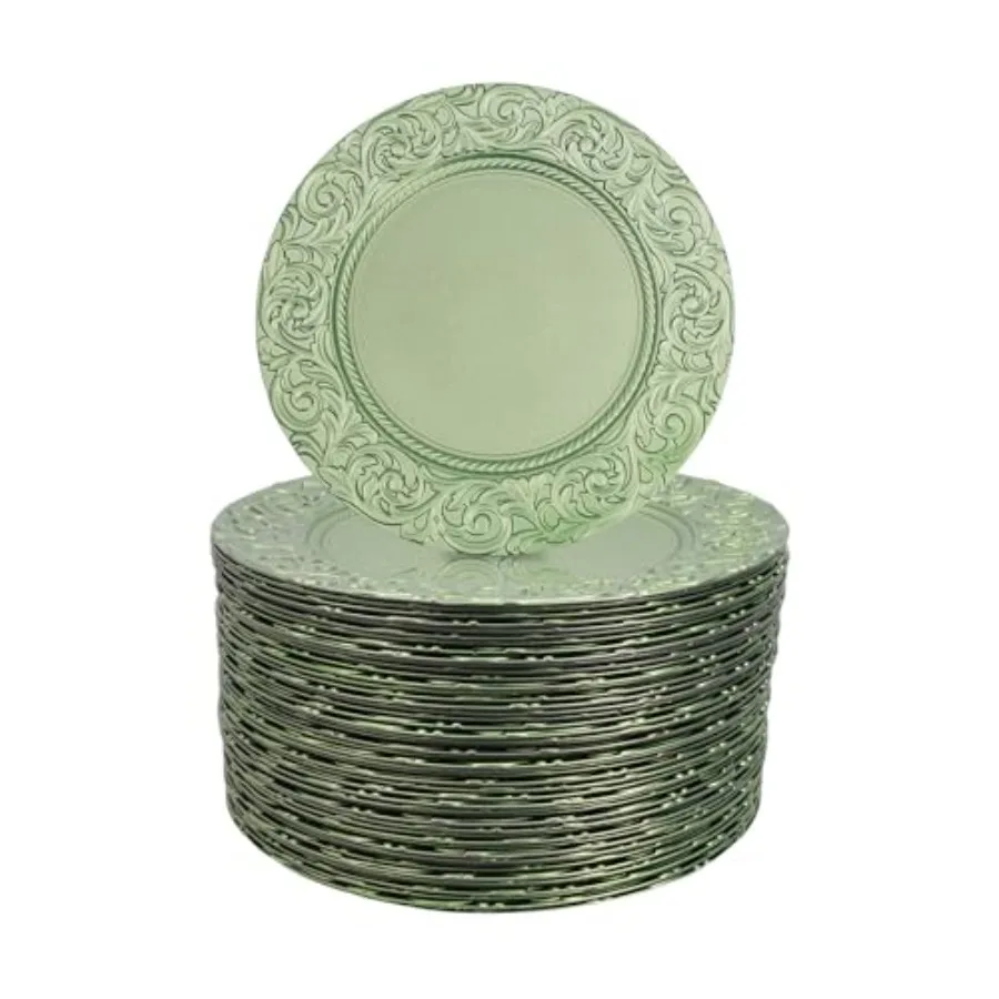 

100 Pcs Green Charger Plates 13 Inch Reusable Antique Charger Plates Set Bulk Serving Plate Plastic Embossed Dinner Plate for T