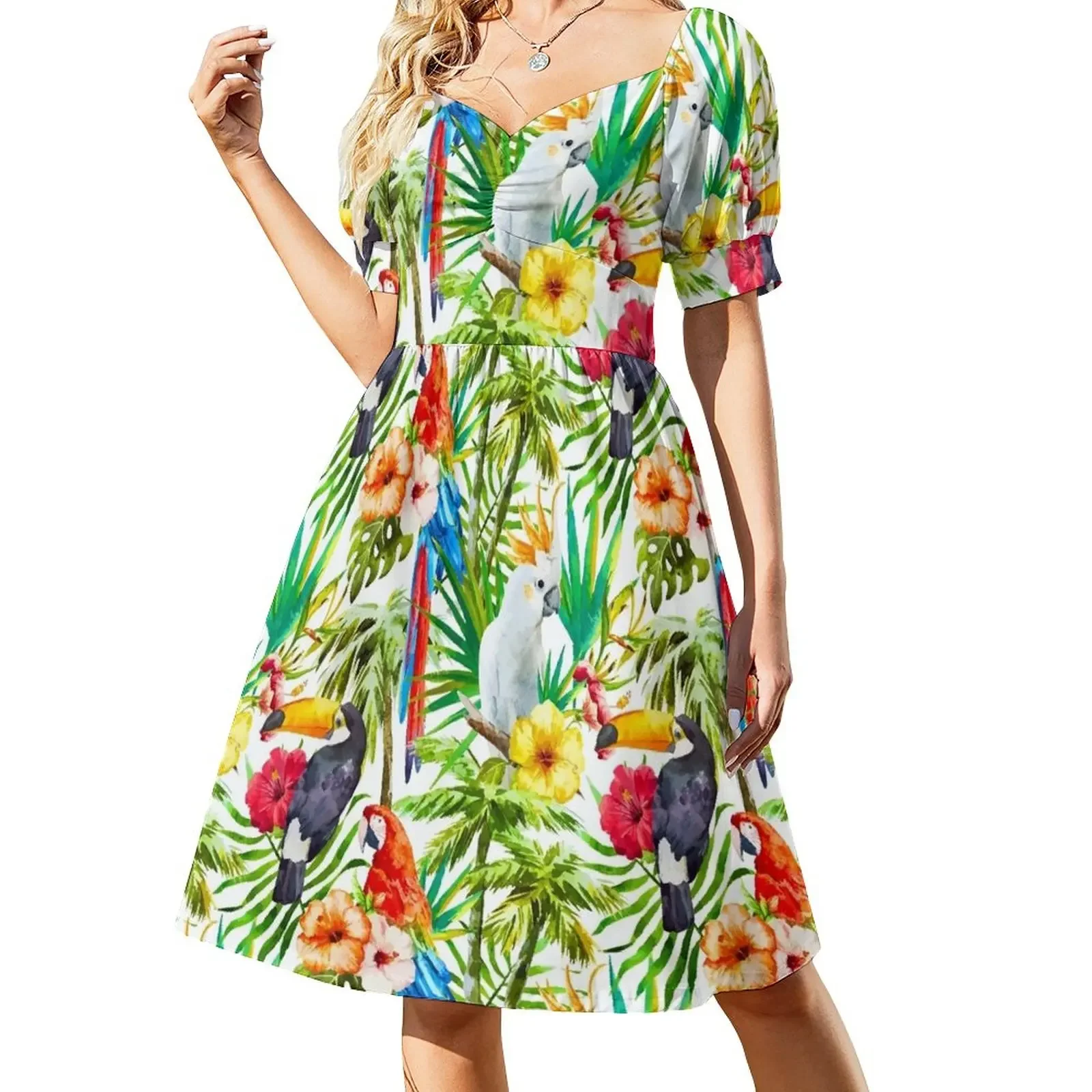 Tropical Parrot, Cockatoo and Toucan Rainforest Short-Sleeved Dress Women's dresses dress korean style evening dress woman