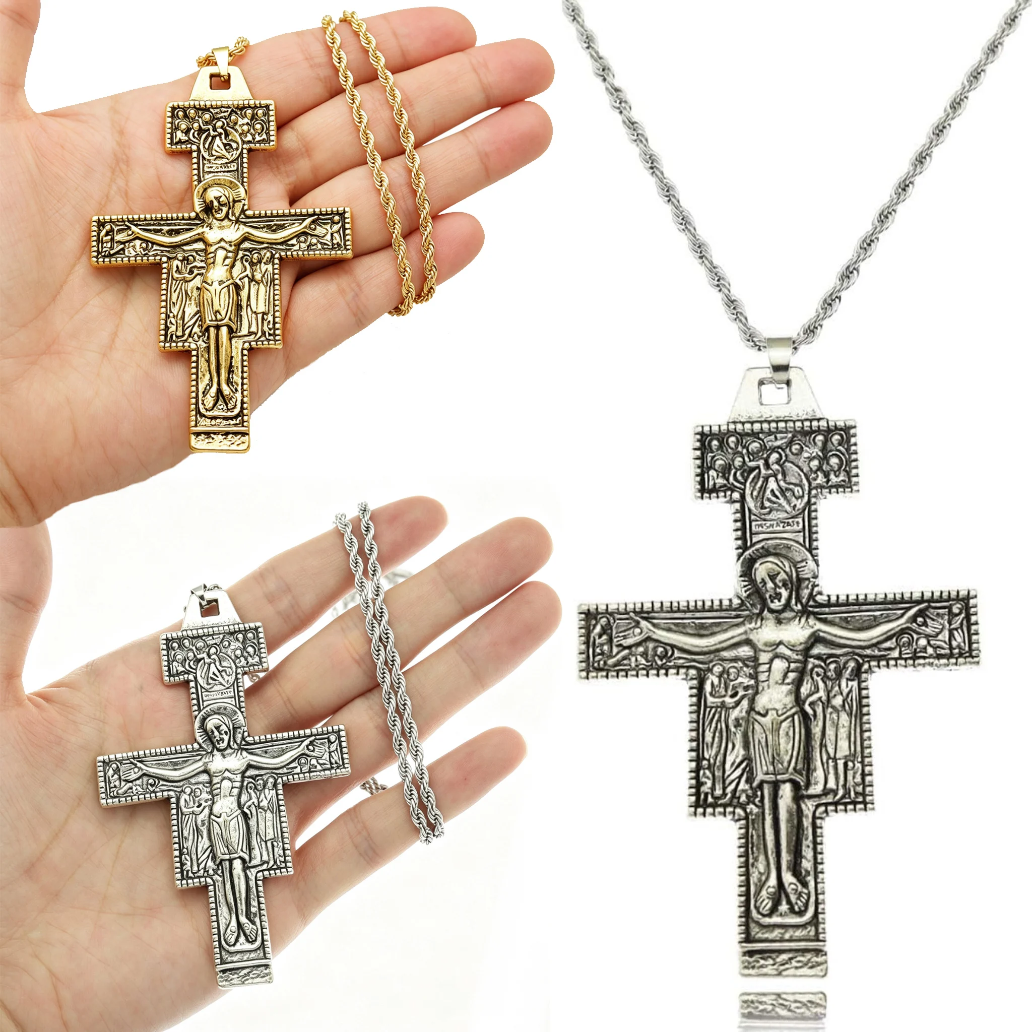 Vintage Saint St Francis of Assisi Tau San Damiano Cross Necklace for Men Women Catholic Crucifix Religious Chain Jewelry Gift