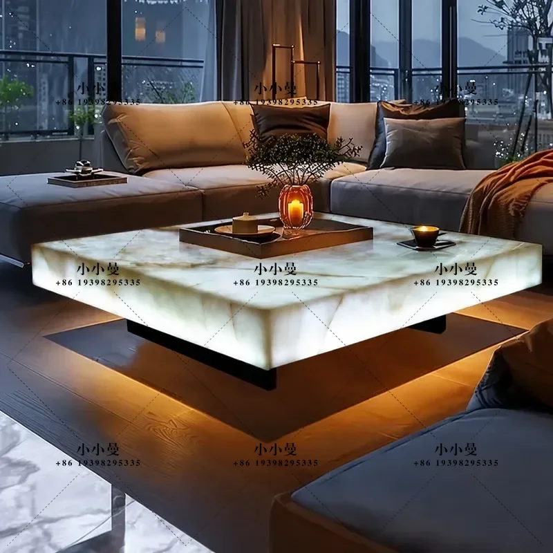 Modern White Jade Marble Coffee Table Large Living Room Centerpiece Luminous Stone Top Minimalist Light Luxury Design for